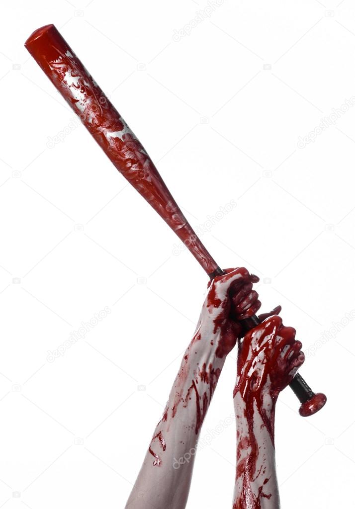 bloody hand holding a baseball bat, a bloody baseball bat, bat, blood sport, killer, zombies, halloween theme, isolated, white background.