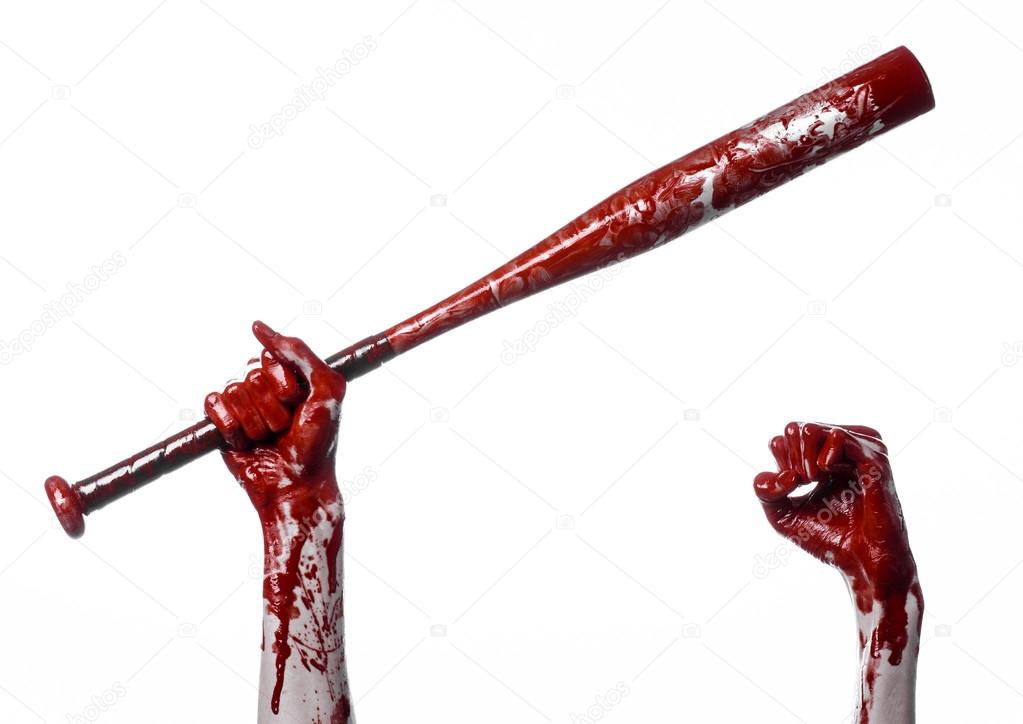 bloody hand holding a baseball bat, a bloody baseball bat, bat, blood sport, killer, zombies, halloween theme, isolated, white background.
