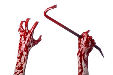 Levye, el kanca, halloween Tema, katil zombiler, izole, beyaz arka plan, kanlı levye ile kanlı eller