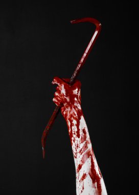 Levye, el kanca, halloween Tema, katil zombiler, izole, siyah arka plan, kanlı levye ile kanlı eller