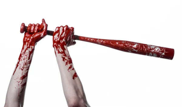 Bloody hand holding a baseball bat, a bloody baseball bat, bat, blood sport, killer, zombies, halloween theme, isolated, white background. — Stock Photo, Image