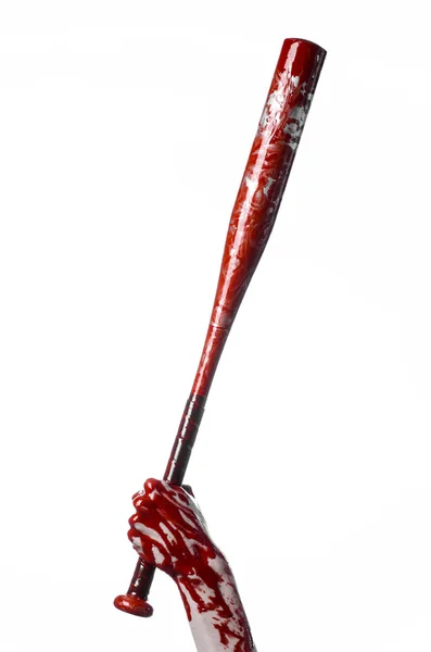 Mano sangrienta sosteniendo un bate de béisbol, un bate de béisbol sangriento, bate, deporte de sangre, asesino, zombies, tema de Halloween, aislado, fondo blanco . — Foto de Stock