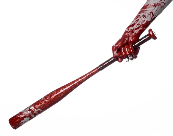 Krwawa ręka trzyma kij baseballowy, krwawe kij baseballowy, nietoperz, krwi sport, morderca, zombie, halloween tematu, pojedyncze, białe tło. — Zdjęcie stockowe