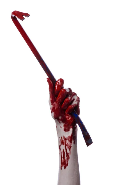 Bloody hands with a crowbar, hand hook, halloween theme, killer zombies, white background, isolated, bloody crowbar — Stock Photo, Image