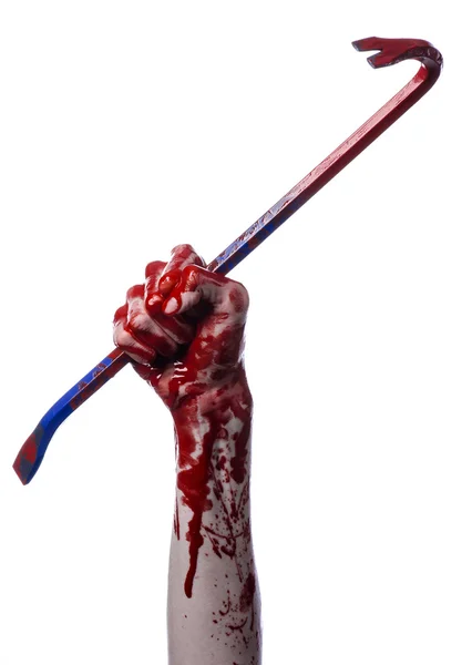 Bloody hands with a crowbar, hand hook, halloween theme, killer zombies, white background, isolated, bloody crowbar — Stock Photo, Image