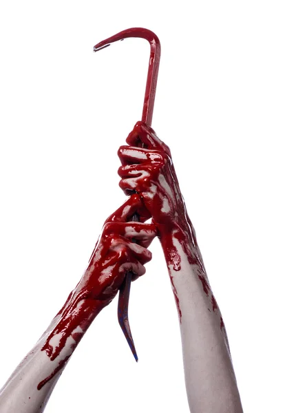 Bloody hands with a crowbar, hand hook, halloween theme, killer zombies, white background, isolated, bloody crowbar — Stock Photo, Image