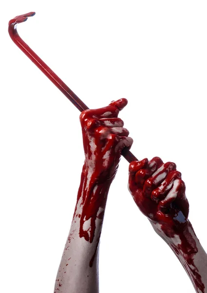 Bloody hands with a crowbar, hand hook, halloween theme, killer zombies, white background, isolated, bloody crowbar — Stock Photo, Image