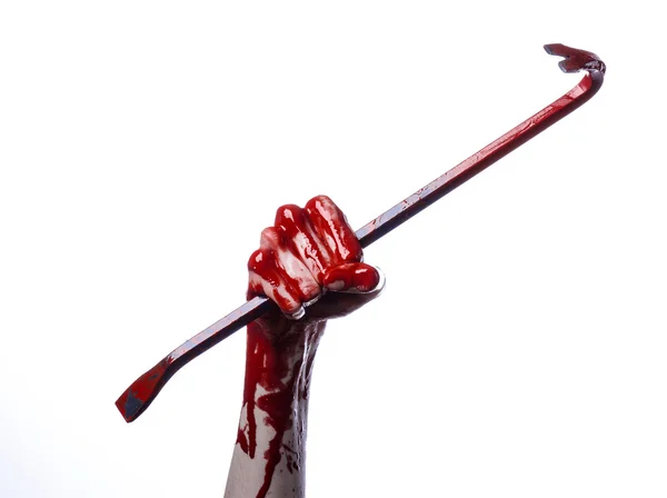 Sangrientas manos con una palanca, gancho de mano, tema de Halloween, zombies asesinos, fondo blanco, aislado, palanca sangrienta — Foto de Stock