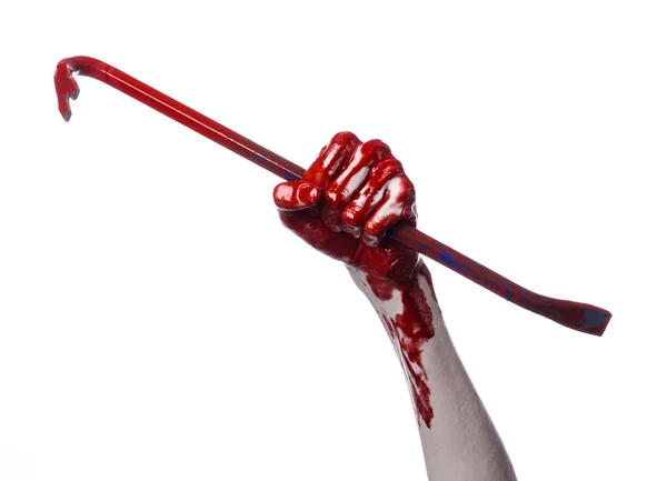 Bloody hands with a crowbar, hand hook, halloween theme, killer zombies, white background, isolated, bloody crowbar — Stock Photo, Image