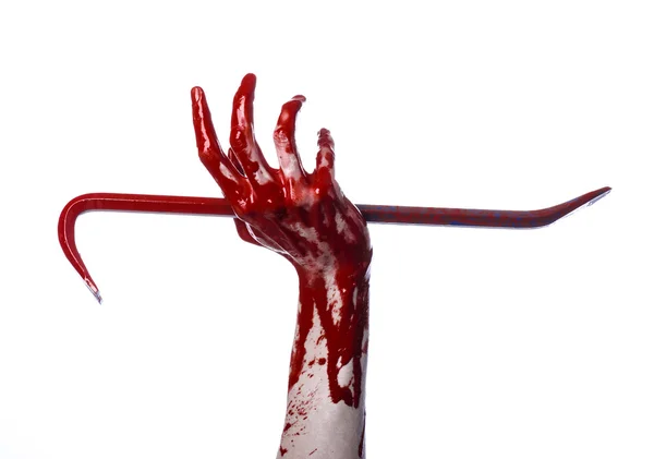 피 묻은 손에 쇠 지렛대, 손 후크, 할로윈 테마, 살인자 좀비, 흰색 배경, 고립 된, 블러 디 크로우 바 — 스톡 사진
