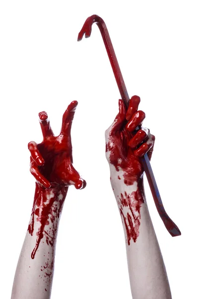 Bloody hands with a crowbar, hand hook, halloween theme, killer zombies, white background, isolated, bloody crowbar — Stock Photo, Image