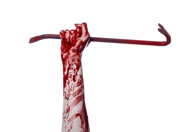 Bloody hands with a crowbar, hand hook, halloween theme, killer zombies, white background, isolated, bloody crowbar — Stock Photo, Image