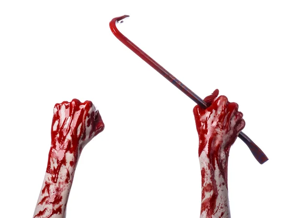 Bloody hands with a crowbar, hand hook, halloween theme, killer zombies, white background, isolated, bloody crowbar — Stock Photo, Image