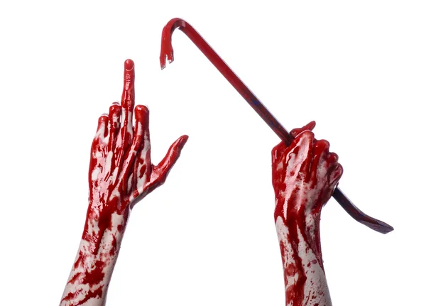 Blutige Hände mit einem Brecheisen, Handhaken, Halloween-Thema, Killer-Zombies, weißer Hintergrund, isolierte, blutige Brechstange — Stockfoto