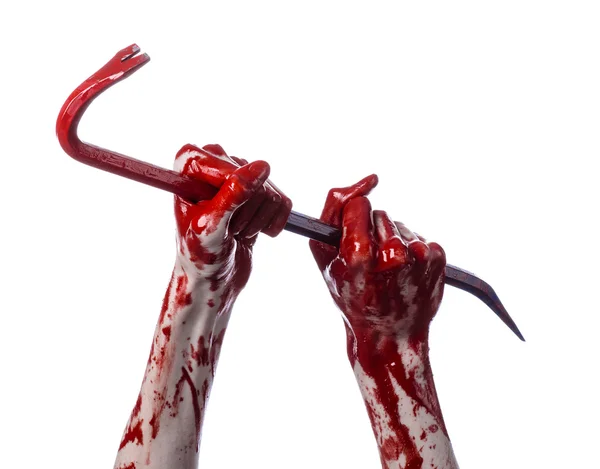 Bloody hands with a crowbar, hand hook, halloween theme, killer zombies, white background, isolated, bloody crowbar — Stock Photo, Image