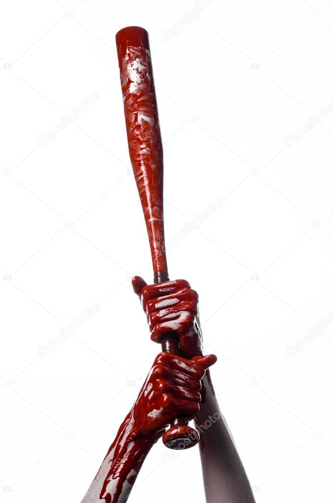 bloody hand holding a baseball bat, a bloody baseball bat, bat, blood sport, killer, zombies, halloween theme, isolated, white background.