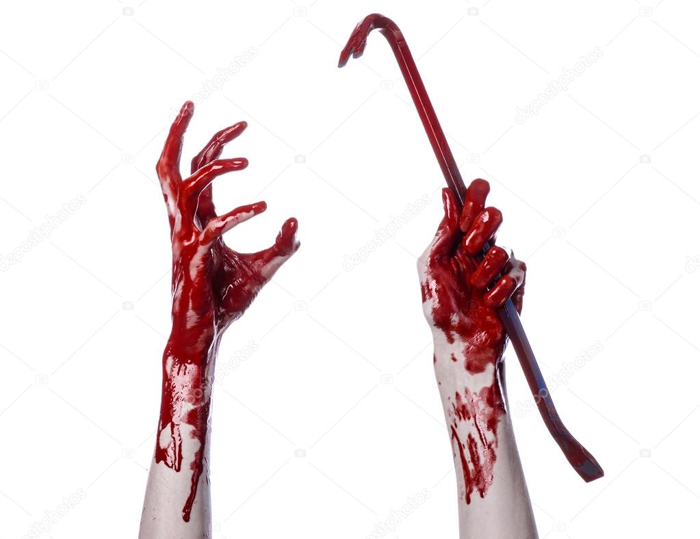 Bloody hands with a crowbar, hand hook, halloween theme, killer zombies, white background, isolated, bloody crowbar