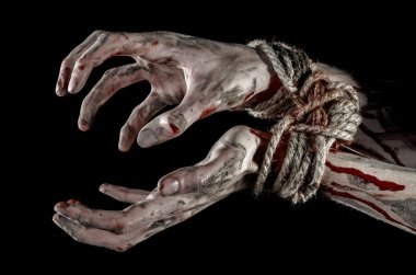Hands bound,bloody hands, mud, rope, on a black background, isolated, kidnapping, zombie, demon clipart
