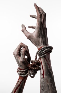 Hands bound,bloody hands, mud, rope, on a white background, isolated, kidnapping, zombie, demon clipart