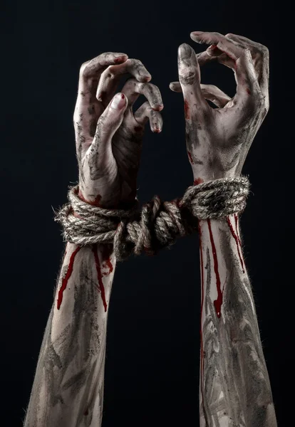 Mãos atadas, mãos ensanguentadas, lama, corda, num fundo negro, isolado, rapto, zombie, demónio — Fotografia de Stock