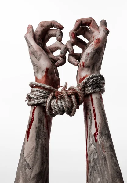 Manos atadas, manos ensangrentadas, barro, cuerda, sobre fondo blanco, aisladas, secuestro, zombi, demonio — Foto de Stock