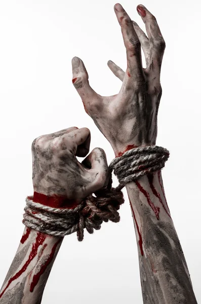 Hands bound,bloody hands, mud, rope, on a white background, isolated, kidnapping, zombie, demon — Stock Photo, Image