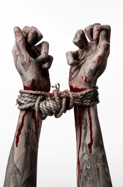 Hands bound,bloody hands, mud, rope, on a white background, isolated, kidnapping, zombie, demon — Stock Photo, Image