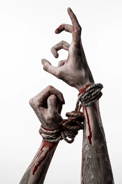 Hände gebunden, blutige Hände, Schlamm, Seil, auf weißem Hintergrund, isoliert, Entführung, Zombie, Dämon — Stockfoto