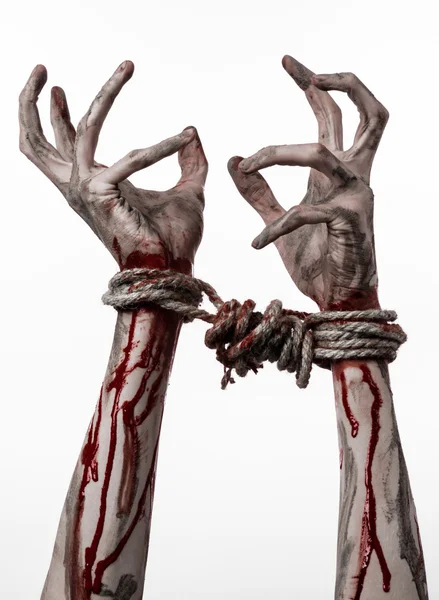 Händer bundna, blodiga händer, lera, rep, på en vit bakgrund, isolerade, kidnappning, zombie, demon — Stockfoto