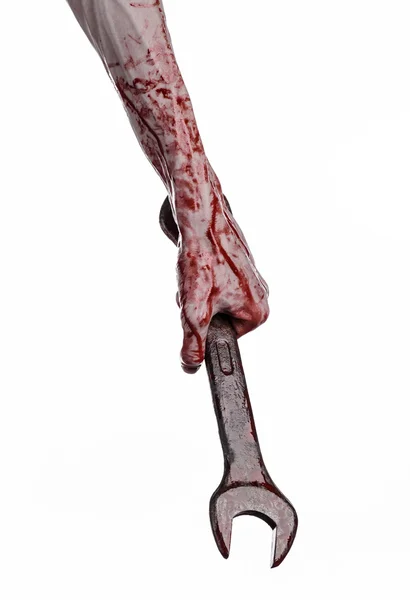 Sangrienta mano sosteniendo una gran llave, llave sangrienta, gran llave, tema sangriento, tema de Halloween, mecánico loco, asesino, psicópata, violencia, zombis, fondo blanco, aislado, revolución — Foto de Stock