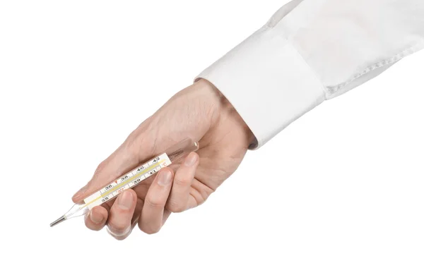Thème médical : main du médecin tenant un thermomètre pour mesurer la température du patient sur fond blanc — Photo
