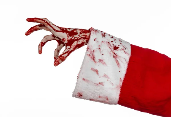 Tema Natale e Halloween: Santa Zombie mano insanguinata su sfondo bianco — Foto Stock