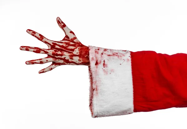 Kerstmis en Halloween thema: Santa Zombie bloedige hand op een witte achtergrond — Stockfoto