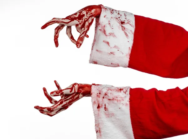 クリスマスとハロウィンのテーマ: 白い背景にサンタ ゾンビ血まみれの手 — ストック写真