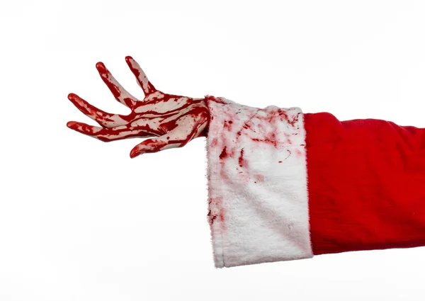 Kerstmis en Halloween thema: Santa Zombie bloedige hand op een witte achtergrond — Stockfoto