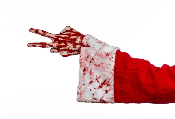 Tema Natale e Halloween: Santa Zombie mano insanguinata su sfondo bianco — Foto Stock