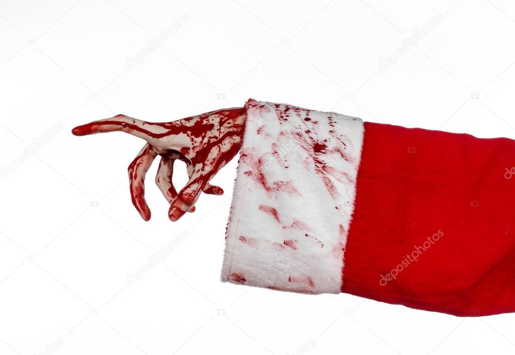 Christmas and Halloween theme: Santa Zombie bloody hand on a white background