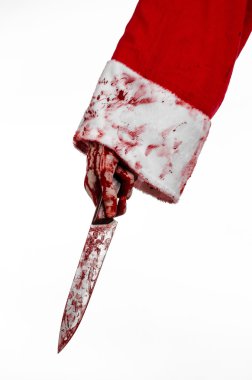 Noel ve Halloween Tema: Noel Baba'nın kanlı eller izole beyaz arka plan üzerinde elinde kanlı bir bıçakla bir deli