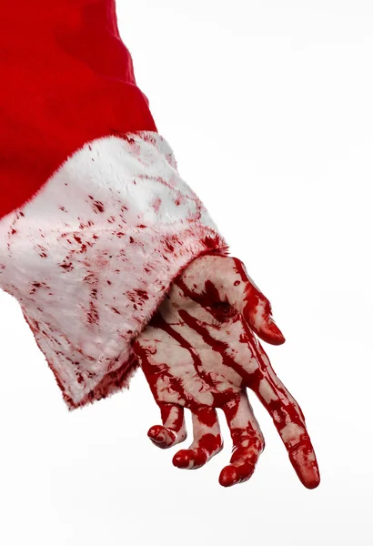 Kerstmis en Halloween thema: Santa Zombie bloedige hand op een witte achtergrond — Stockfoto