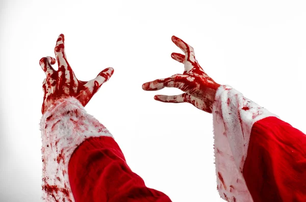 Christmas and Halloween theme: Santa Zombie bloody hand on a white background — Stock Photo, Image