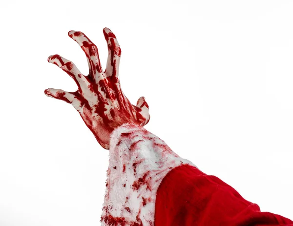 Jul och Halloween tema: Santa Zombie blodiga hand på vit bakgrund — Stockfoto