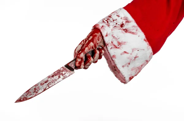 Jul och Halloween tema: Tomtens blodiga händer av en galning som innehar en blodig kniv på en isolerad vit bakgrund — Stockfoto