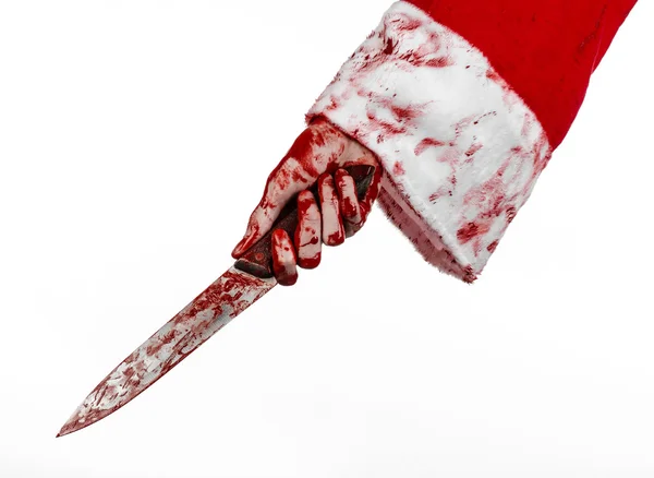 Tema de Navidad y Halloween: Las sangrientas manos de un loco sosteniendo un cuchillo ensangrentado sobre un fondo blanco aislado —  Fotos de Stock