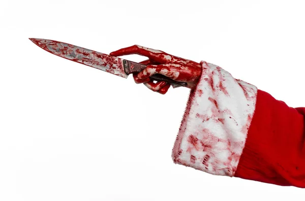 Tema de Navidad y Halloween: Las sangrientas manos de un loco sosteniendo un cuchillo ensangrentado sobre un fondo blanco aislado —  Fotos de Stock