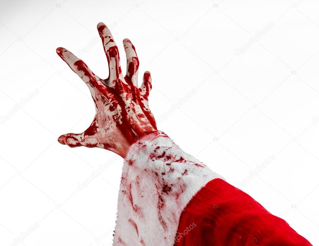 Christmas and Halloween theme: Santa Zombie bloody hand on a white background