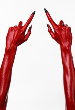 Halloween Tema, beyaz arka plan, izole kırmızı şeytan'ın eller, kırmızı eller şeytanın