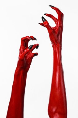 Halloween Tema, beyaz arka plan, izole kırmızı şeytan'ın eller, kırmızı eller şeytanın