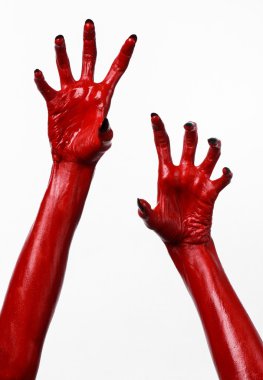 Halloween Tema, beyaz arka plan, izole kırmızı şeytan'ın eller, kırmızı eller şeytanın