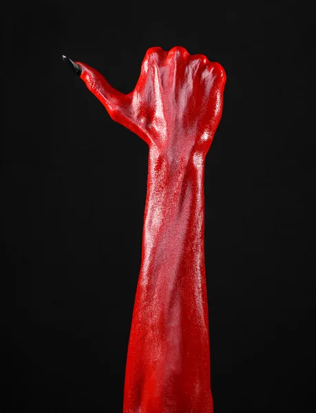 Mãos do Diabo Vermelho, mãos vermelhas de Satanás, tema de Halloween, fundo preto, isolado — Fotografia de Stock