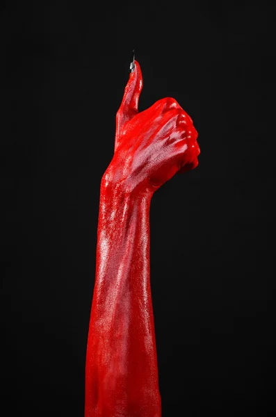 Mãos do Diabo Vermelho, mãos vermelhas de Satanás, tema de Halloween, fundo preto, isolado — Fotografia de Stock